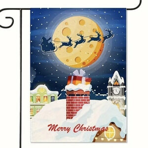 Merry Christmas garden flag, Santa & sleigh at night snow covered rooftop winter